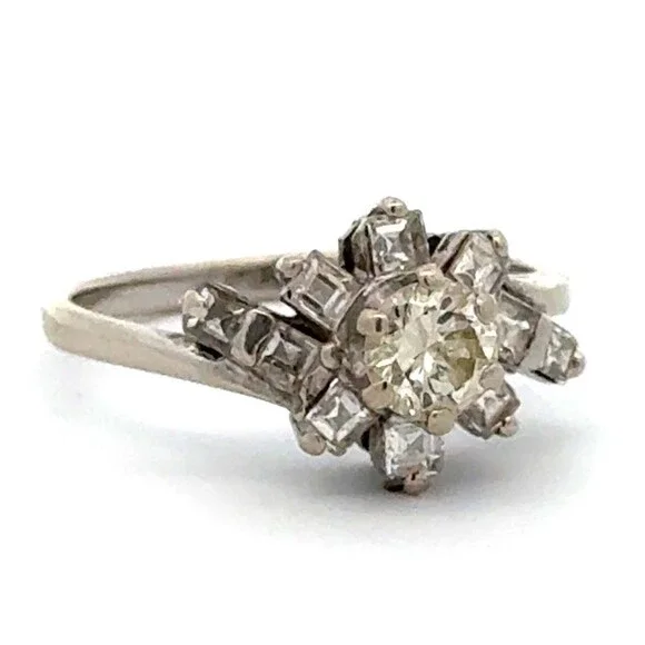 Designer 14K White Gold White Diamond Unique Floral Halo Cluster Engagement Ring